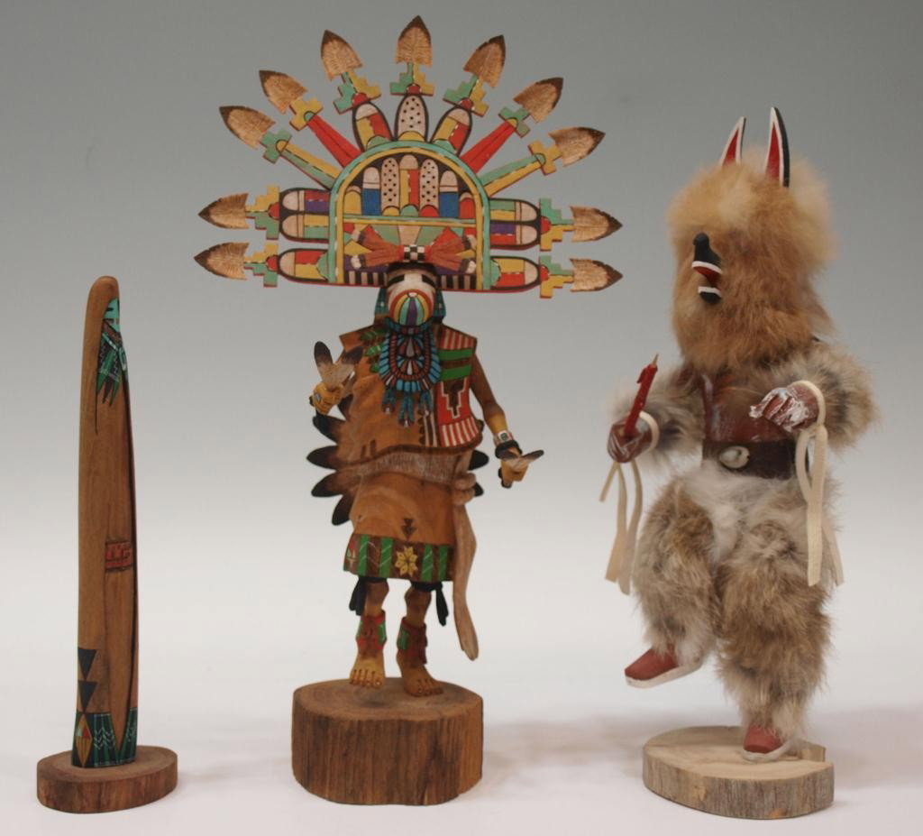 (3) HOPI INDIAN KACHINA DOLLS, ALL MAKER SIGNED: (lot of ) Native American Hopi Kachina dolls: (1) "Wolf", signed at base as shown in photo, 13.5"h, 5.75"w, 3.5"w; (1) "Polik Mana" (Butterfly Maiden), signed at base Norbert, Tewa (tribe), Mungapi, A