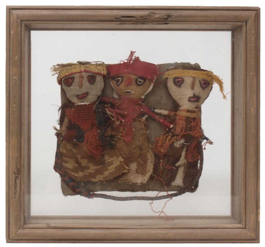 (3)SHADOW BOX FRAMED AMERICAN INDIAN VINTAGE DOLLS: Framed shadow box displaying three vintage Native American hand sewn dolls attached to a bag or purse, sight: 6"h, 4.5"w, overall: 12.25"h, 10.25"w, 2.25lbs Start Price: $60.00