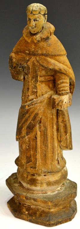ANTIQUE CARVED WOOD RELIGIOUS FIGURE, MEXICO: Carved wood religious statue of a saint, Mexico, 19th c., holding a book in his left hand, lacking right arm and wings, paint remnants,15"h, 5.25"w, 3.25"d, 1.5lbs Start Price: $50.00