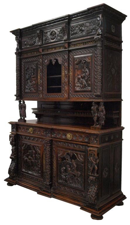 HIGHLY CARVED FIGURAL FRENCH OAK CABINET