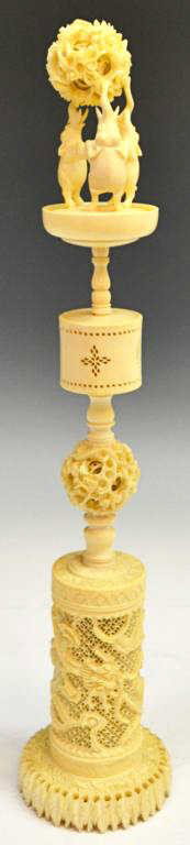 CHINESE IVORY TWO PUZZLE BALL TOWER, ELEPHANTS 16: **This item will not be shipped Internationally** Chinese ivory puzzle ball tower, three platform mounted elephants balance a puzzle ball on their trunks above a pierced ivory cylinder and a second pu