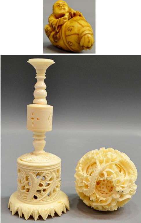 GROUP ASIAN CARVED IVORY NETSUKE & PUZZLE BALL: (lot of 3) Asian ivory carvings: (1) Japanese figural netsuke, engraved and tinted, signed as pictured, 2"l; (1) puzzle ball carved with dragons; (1) partial stand, pierced and carved with dragons, la