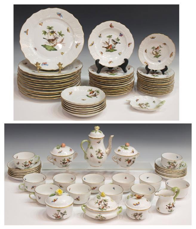HEREND PORCELAIN ROTHSCHILD DINNER SERVICE FOR 12: (lot of 74) Herend hand painted porcelain dinner service for (12), plus extras, the "Rothschild" bird pattern, multiple motifs, comprising: (12) dinner plates, 10.25"d; (12) salad plates, 7.5"d; (12) 
