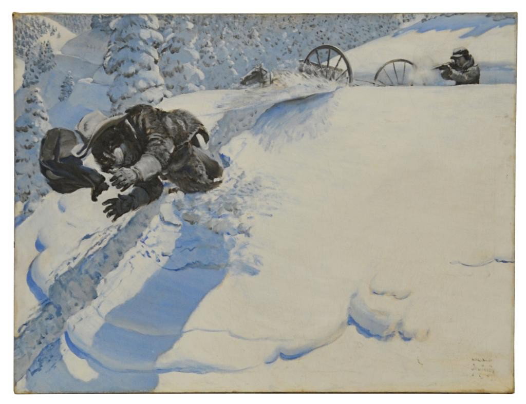 MAGAZINE ILLUSTRATION, WESTERN, HAROLD VON SCHIMDT: Unframed oil painting on canvas, Shooting, signed and dated lower right Harold Von Schmidt, 1946, (California, 1893-1892), tagged at back "For Publication, The Saturday Evening Post, ....story Station