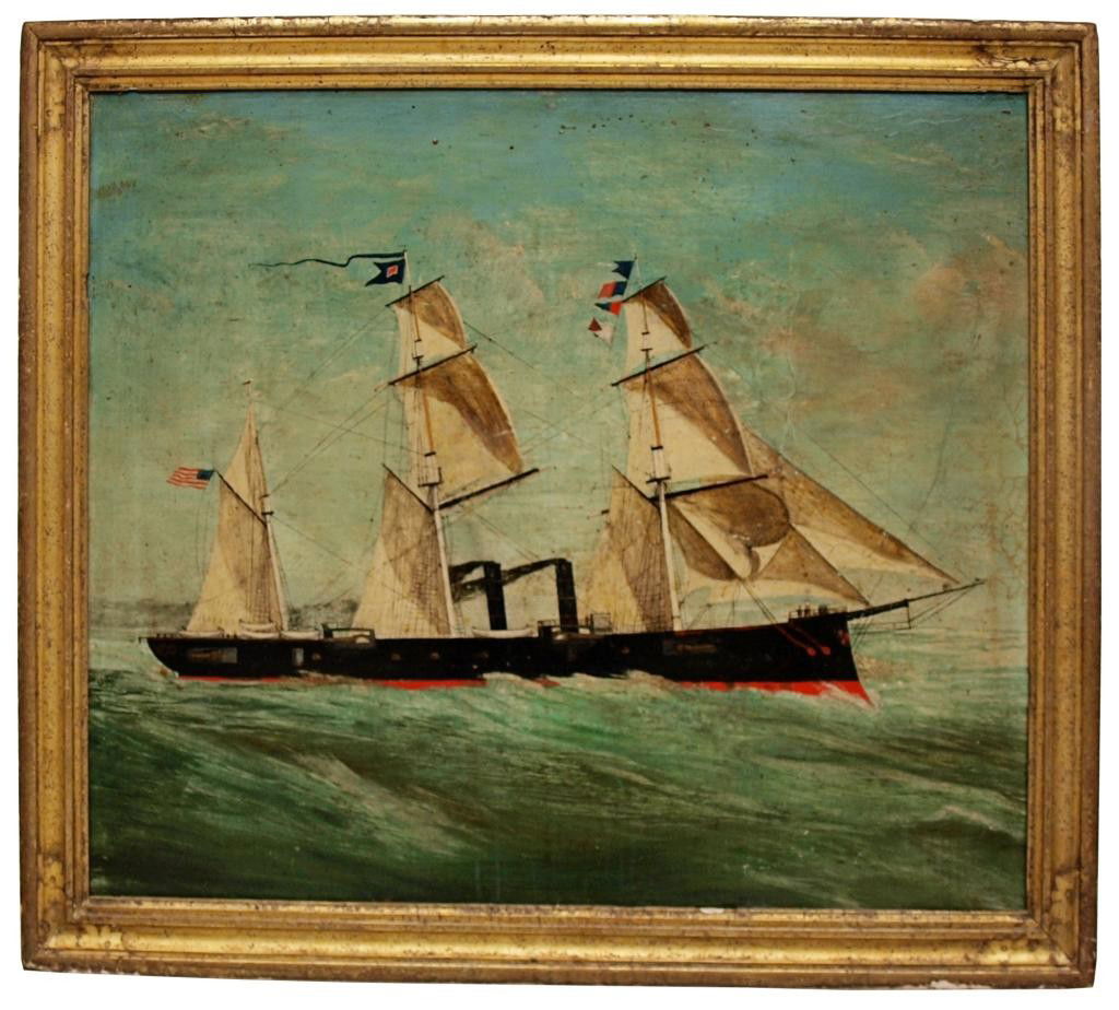 PAINTING: 19TH C. STEAMSHIP UNDER SAIL, U.S. FLAGS: Framed oil painting on canvas relaid on board, Sailing Steam Ship, last quarter19th c., remains of signature at lower right "Ni", repairs with varnish, cracklure, sight: 22"h, 27.5"w, overall: 26"h, 3