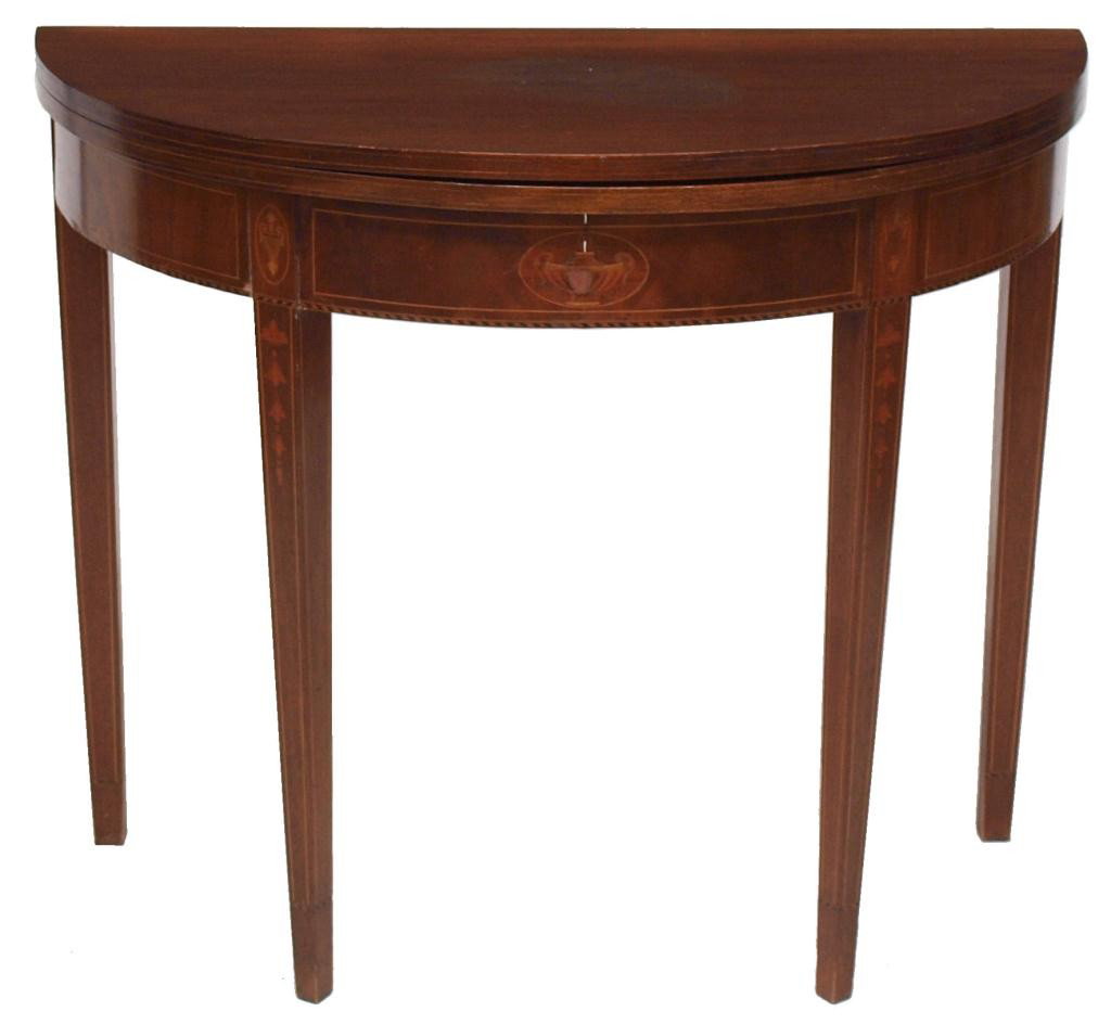 FEDERAL MAHOGANY INLAID DEMILUNE TABLE: Federal mahogany demilune table, 19th c., having a folding top over a frieze decorated with inlaid vases and string legs, the tapered square legs with bell flower inlay, split on central inlaid vase, 