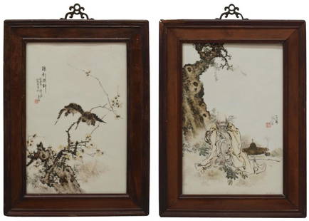 (2) CHINESE PORCELAIN PAINTED PLAQUES: (lot of 2) Chinese rosewood framed painted porcelain plaques, believed to be early 20th c.: (1) Old Man Resting Under Tree, signed right center; (1) Birds in Flowering Tree, signed upper left, both wi