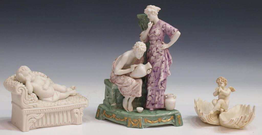 ANTIQUE CLASSICAL, CHUERUB & PUTTI CERAMIC STATUES: (lot of 3) Antique ceramic statues, including: (1) ceramic figural group in the Classical style, partial faux marble finish, excellent detail, very minute chip at rear base, impressed numbers, marked