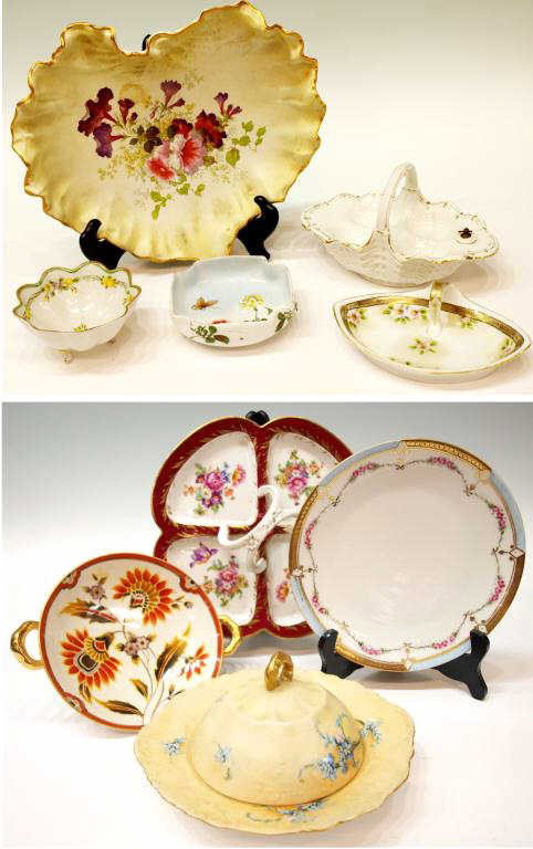 GROUP COLLECTIBLE PORCELAINS, NIPPON, AUSTRIA: (lot of 9) Large collection of assorted porcelain tableware and decorative pieces including compotes, large heart form tray with floral design, Royal Austria lidded butter dish intact with star fractu