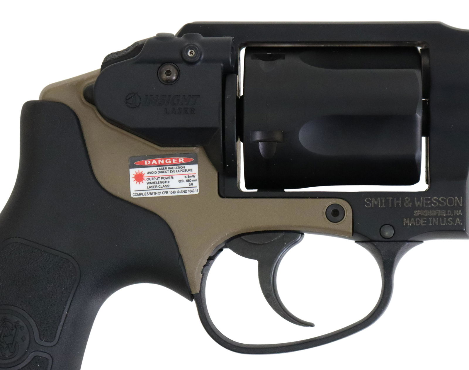 SMITH & WESSON DA BODYGUARD .38, LASER SIGHT: Smith & Wesson Model BG38 Bodyguard Double Action Revolver, .38 Special + P caliber, black stainless 2" barrel, fixed front sight, grooved rear sight, installed "Insight" laser, black stainless five r