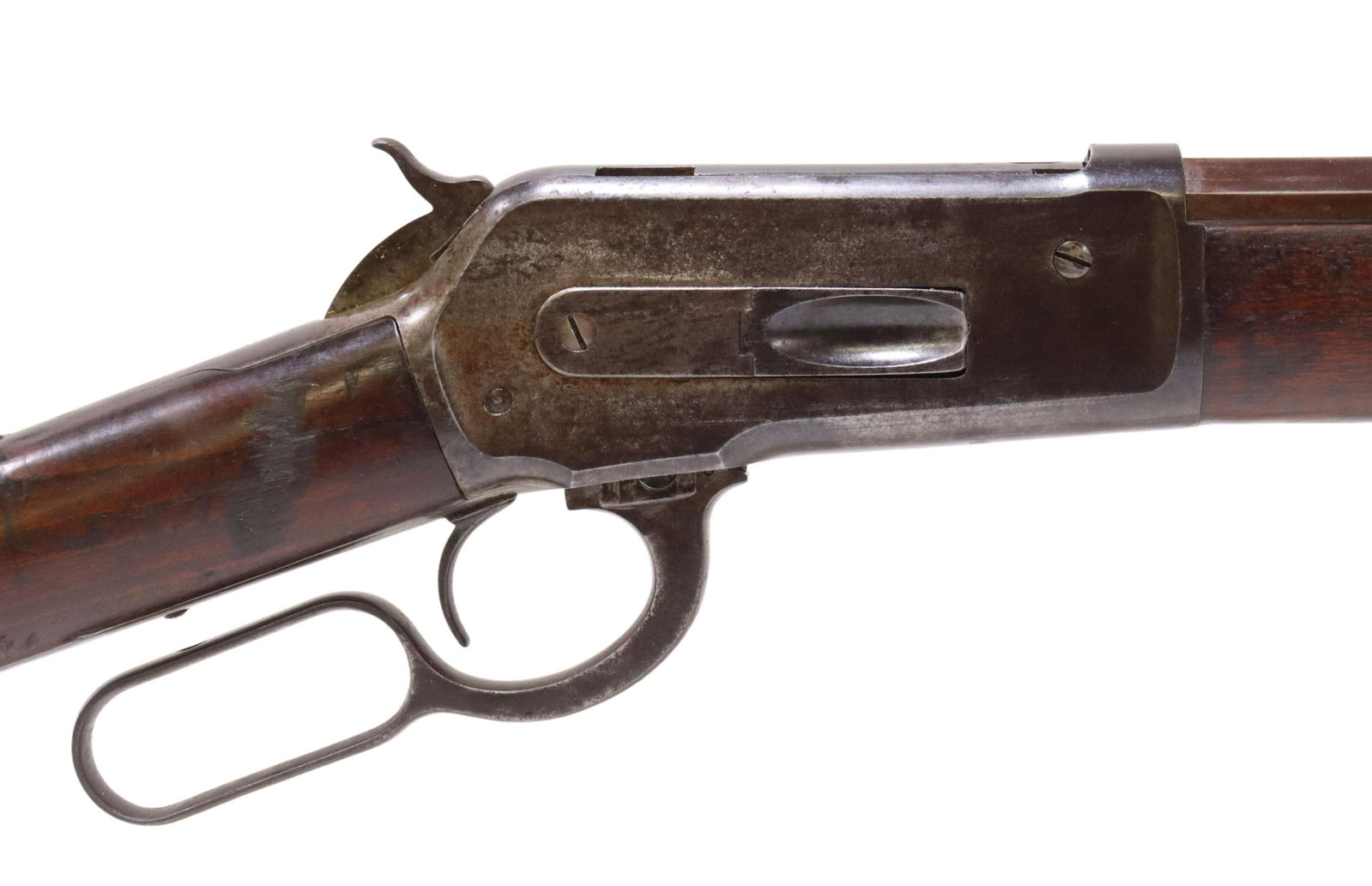 WINCHESTER 1886 LEVER ACTION .45-70 CALIBER RIFLE: Winchester Model 1886 rifle, mfg. 1889, lever action, .45-70 caliber, 26" octagonal barrel, fixed front sight, adjustable rear sight, tubular magazine, top of barrel marked on two lines "-Manufactured