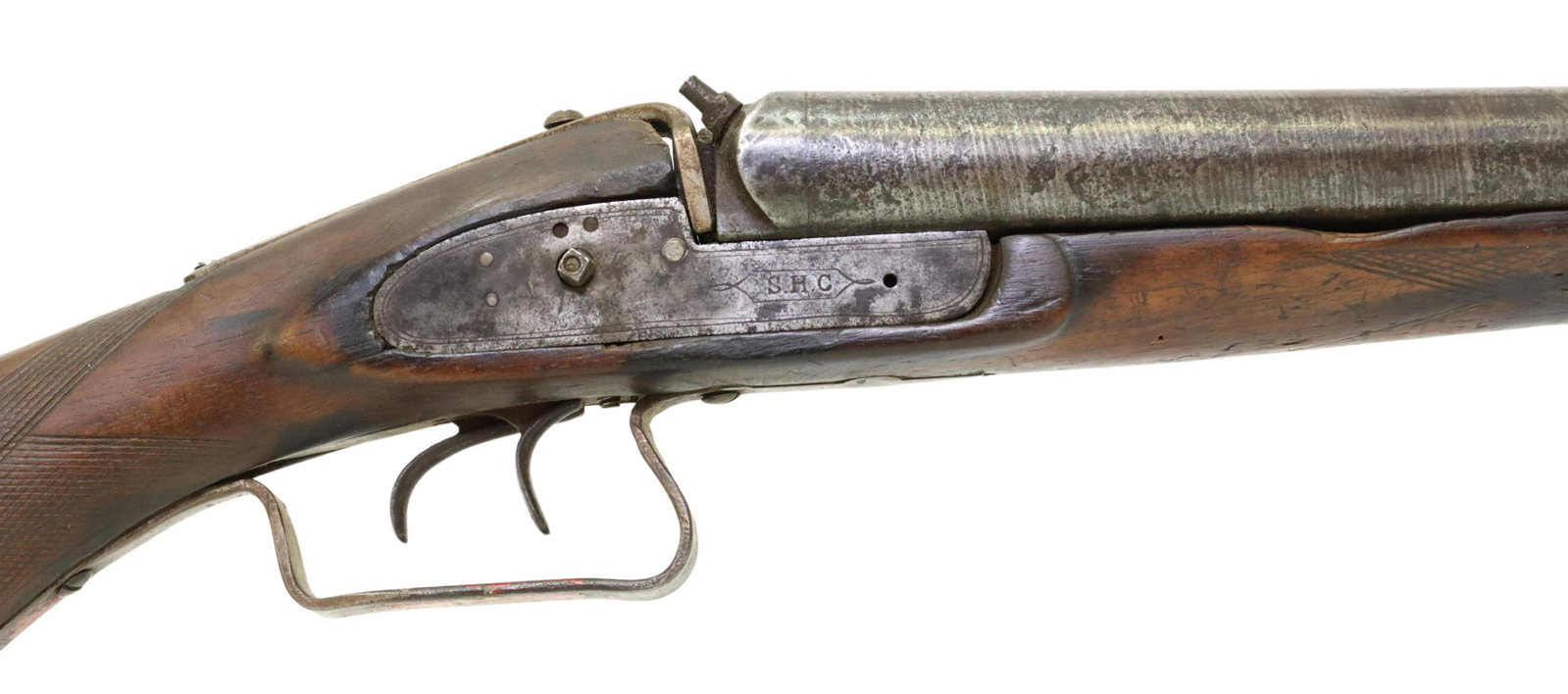 ANTIQUE WALL HANGER PERCUSSION DBL BARREL SHOTGUN: Belgium percussion blackpowder double barrel shotgun, 19th c., the receivers marked "S.H.C." for the retailer Shapleigh Hardware Company, 10 gauge, 36" Damascus barrels, the underside barrel with the 