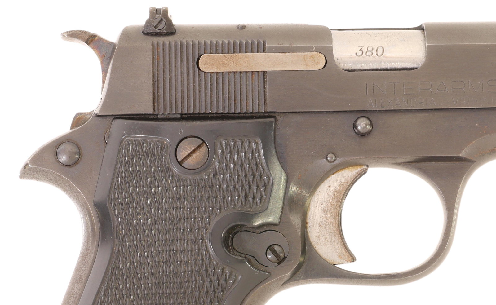 STAR MODEL SS 380 CALIBER PISTOL: Star, Eibar, Spain, Model SS pistol, .380 caliber, 3.75" barrel, fixed front sight, adjustable rear sight, detachable eight round magazine, Interarms (importer) at right slide, black logo grips with t