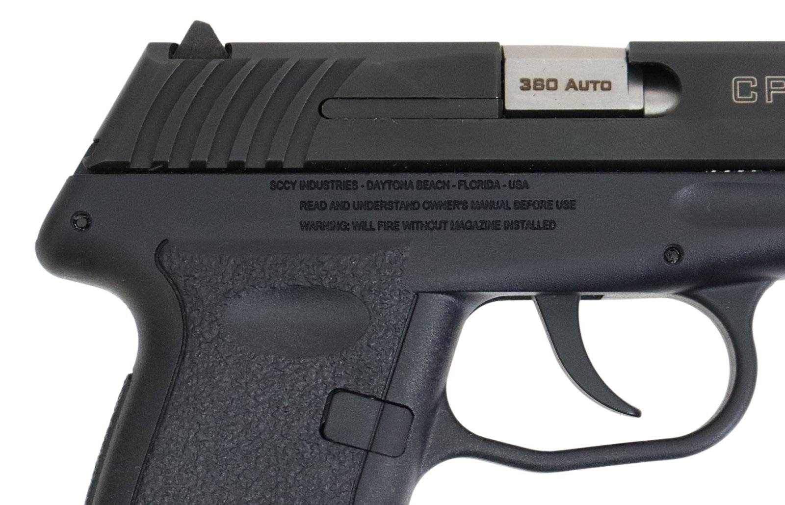 SCCY MODEL CPX-3 PISTOL, .380 CALIBER, 10 RND MAG: SCCY Industries Moxel CPX-3 pistol, .380 caliber, 3" barrel, white dot front sight, adjustable white dot rear sight, 10 round detachable magazine, black stainless slide, black polymer frame, appears a