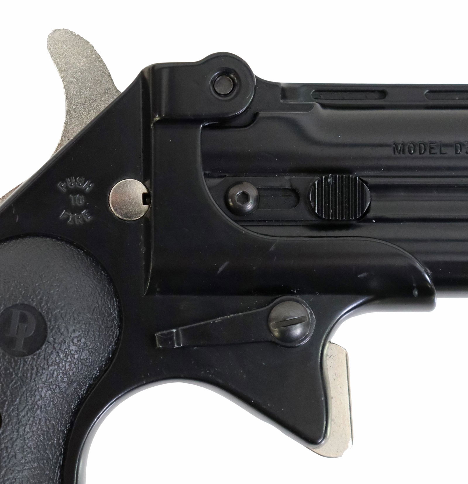 DAVIS INDUSTRIES .38SPL DOUBLE BARREL DERRINGER: Davis Industries Model D38 derringer pistol, .38 Special caliber, tip-up 2.75" superposed barrels, hand ejector, front and rear sight, safety, black steel frame and barrel, silver tone hammer and trig