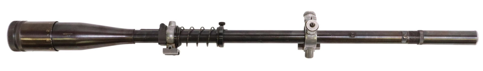 R.A. LITSCHERT RIFLE SCOPE, 12 POWER: R.A. Litschert rifle scope, 12 power, mounted recoil spring, Litschert micrometer mounts, metal lens caps, optics seem good, SN 2989, for shipping approx. 1.60lbs, 24"l Start Price: $200.00