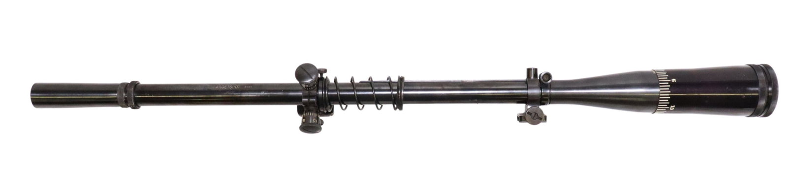 LYMAN SUPER TARGETSPOT RIFLE SCOPE, 20 POWER: Lyman Super Targetspot rifle scope, 20 power, variable, mounted recoil spring, Frederick Kuhn micrometer mounts, metal lens caps, optics seem good, SN 2989, for shipping approx. 1.65lbs, 24"l Start Pr