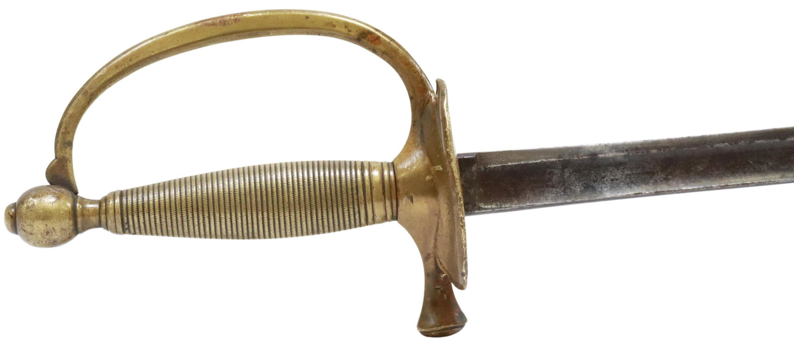 U.S. MODEL 1840 INFANTRY SWORD, GUARD MARKED "62": U.S. Model 1840 Infantry sword, the 31.5" blade unmarked at the ricasso, the guard marked "62" next to the blade, D guard with gilded brass handle and ball pommel, one end of guard with fracture, over