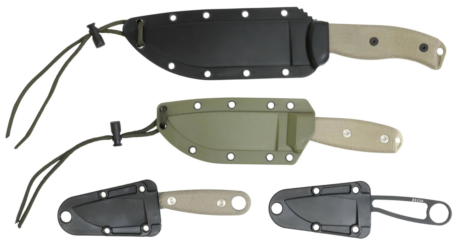 (4) ESEE FIXED BLADE KNIVES NEW IN BOX: (lot of 4) Esee fixed blade knives, new in box, including: (1) Esee-6, 6.5" light green blade, light green micarta handle, black molded polymer sheath, belt clip; (1) Esee-4, 4.5" tan color blade, tan