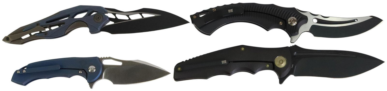 (4) WE KNIFE COMPANY & MASSDROP FLIP KNIVES, NEW: (lot of 4) WE Knife Company & Massdrop flip knives, new in box, including: (1) WE Sea Monster 713D, 3.25" mostly black blade, black titanium handle, zip case; (1) WE 608R, black 4" blade, black titani