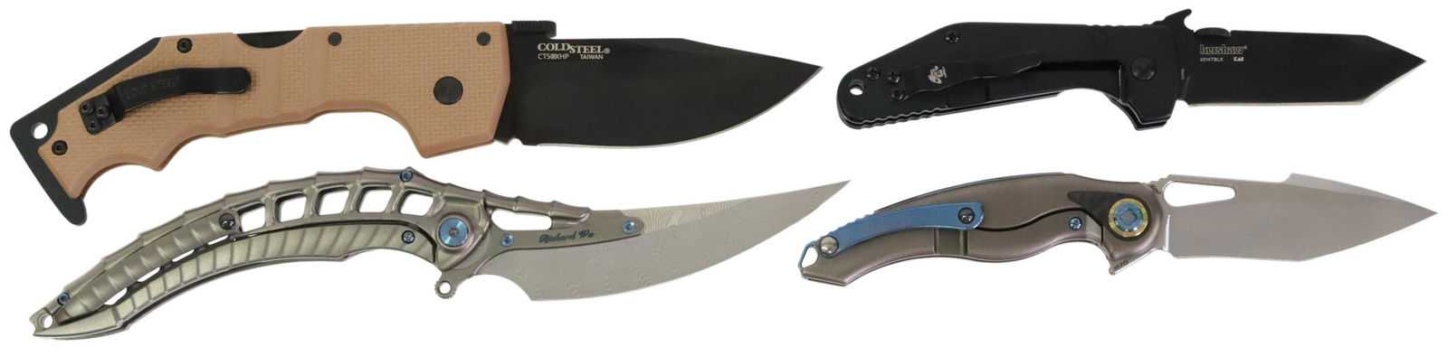 (4) RIKE FLIP, KERSHAW, COLD STEEL NEW KNIVES: (lot of 4) Knives, new in box, including: (1) Rike Unicorn, 3" flip blade, titanium and black carbon fiber handle, zipper case; (1) Alien 4 and pen tool, the knife with a 3.75" Damasteel blade, titani