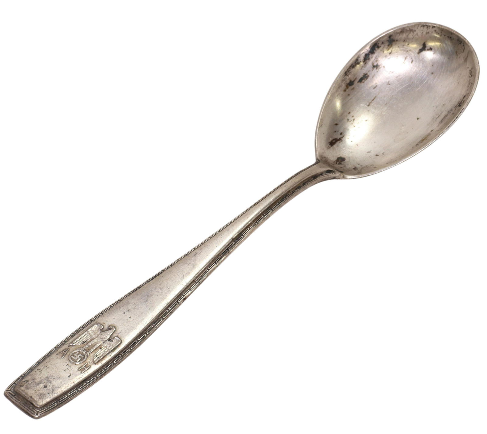 ADOLF HITLER BRUCKMANN & SOHNE 800 SILVER SPOON: German .800 silver sugar spoon, attributed to use at Adolf Hitler's Berhof mountain retreat in the Bavarian Alps, the handle with the raised German eagle over a swastika in a circle, flanked by the in
