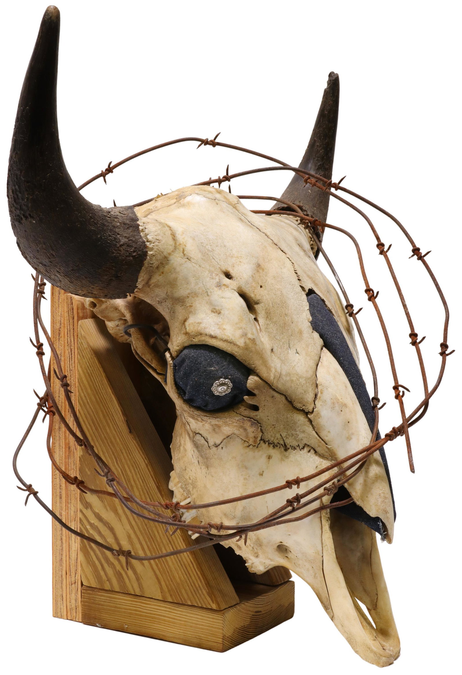 VINTAGE AMERICAN WESTERN BISON SKULL: Vintage buffalo skull mounted on wood display stand, removable black fabric at the interior creating black eyes and front area, the eyes enhanced with concho like pins, a strand of barbed wire lends w