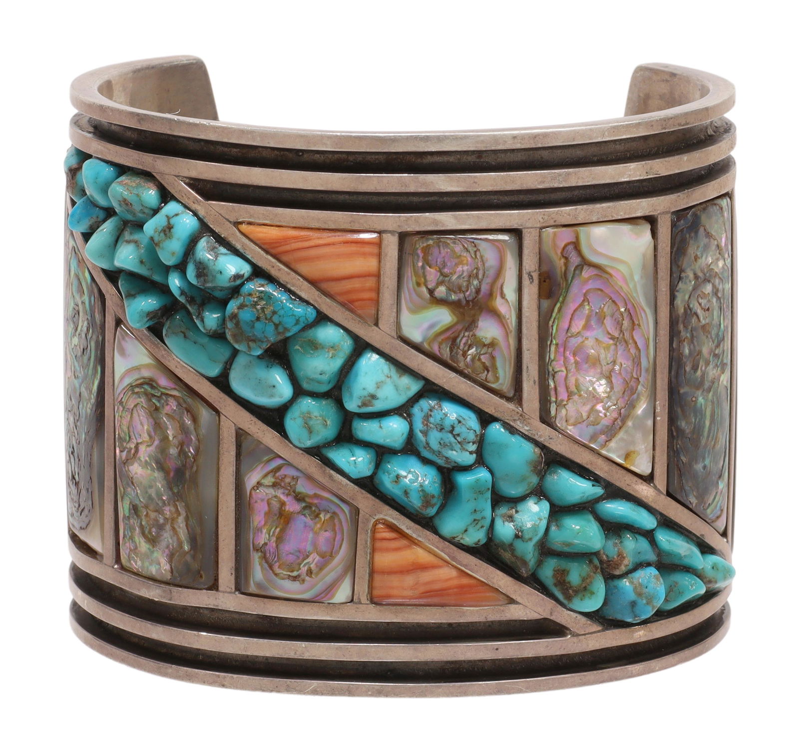 NATIVE AMERICAN ABALONE SHELL & TURQUOISE CUFF: Native American sterling silver cuff bracelet, inlaid with abalone plaques, spiny oyster shell, tumbled turquoise stones, hallmarked as pictured, approx 2 3/8"w, interior: (end to end) approx 6"l, gap