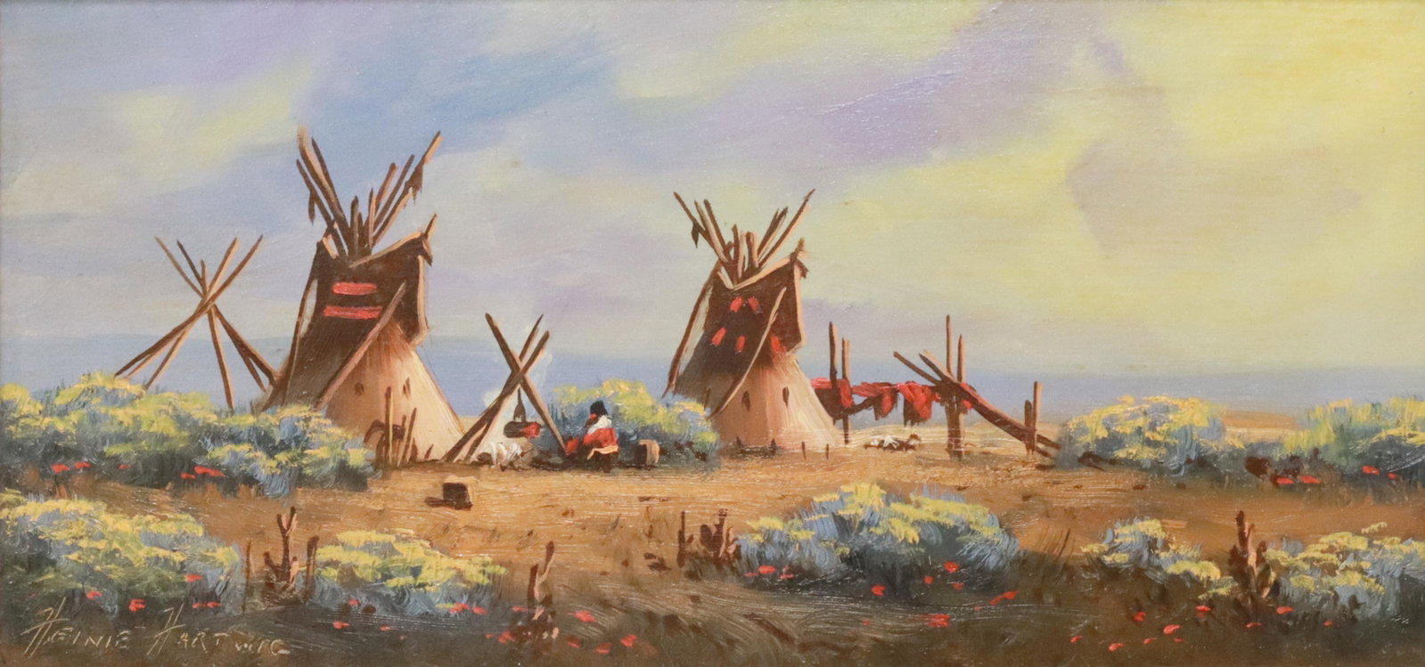 HEINIE HARTWIG (B.1937) PAINTING 'AFTER THE STORM': Framed oil on board painting, "After the Storm," signed lower left Heinie Hartwig (American, b.1937), titled verso, sight: approx 5.5"h, 11.5"w, overall: approx 11.5"h, 17.5"w, 2lbs Start Price: $150.