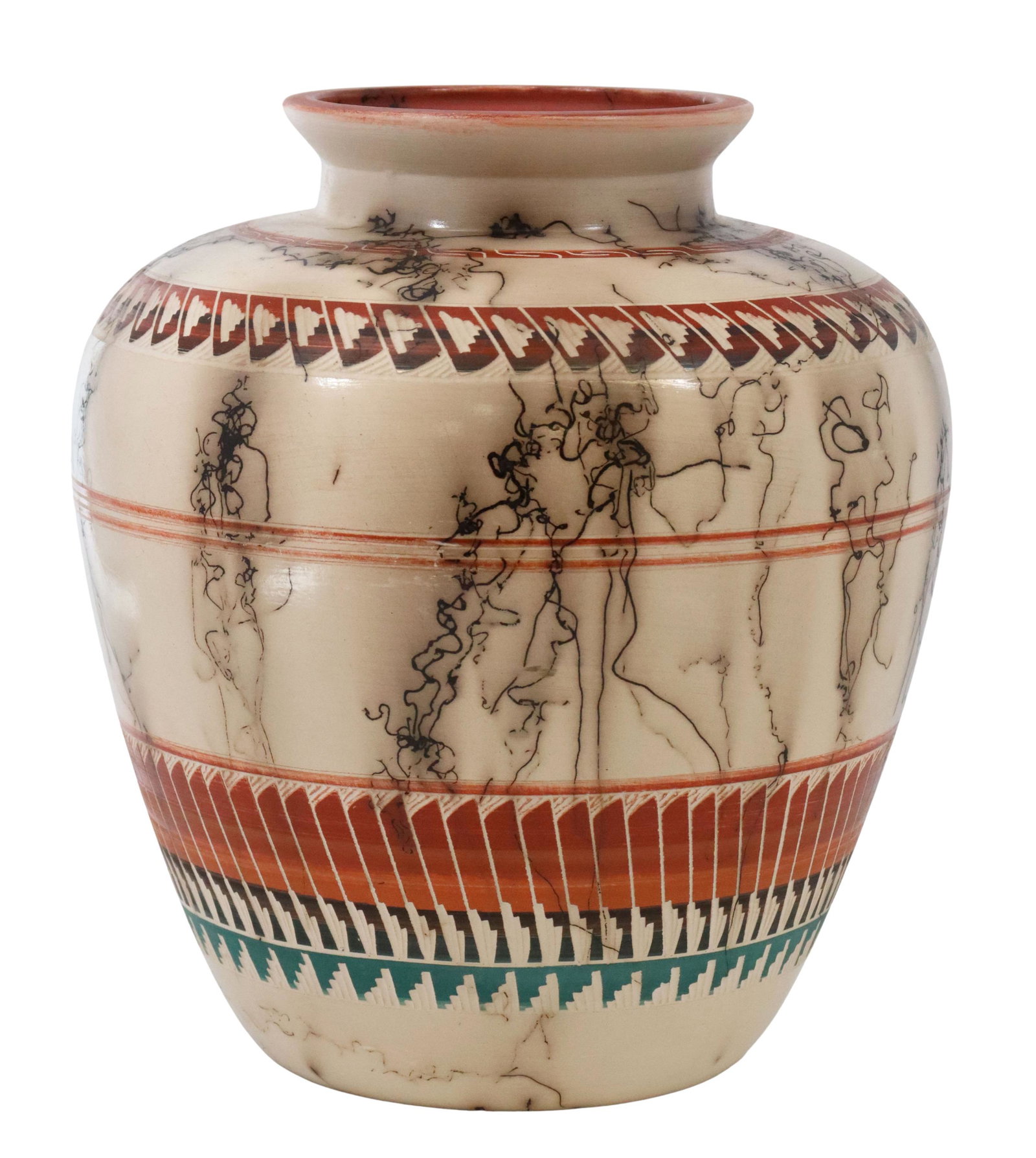 JIM WOODS NAVAJO HORSEHAIR & ETCHED POTTERY VASE: Native American pottery vase, signed underfoot J. Woods (Jim Woods, Navajo/ Dine, 20th c.), polychrome etched and horsehair on neutral ground, small fleabite chip to inner rim, approx 9.5"h, 8.5"diam,