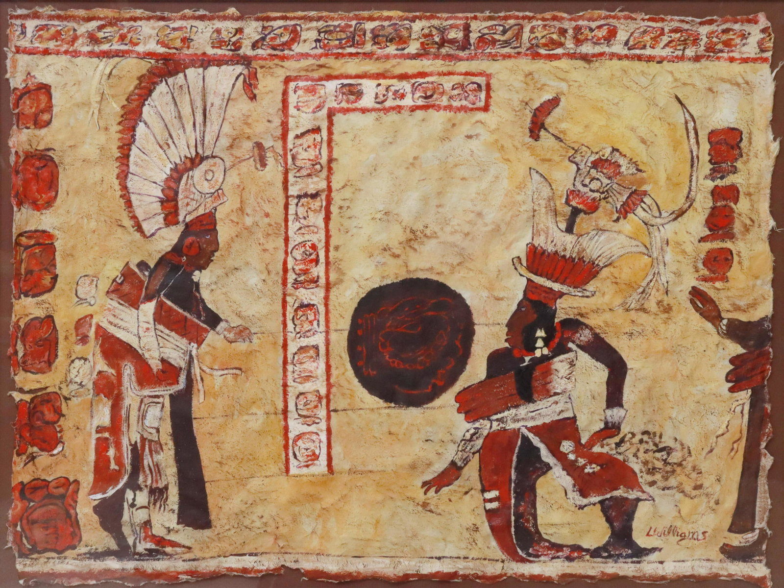 SIGNED L. WILLIAMS MAYAN STYLE BALL GAME PAINTING: Framed painting on paper, Mayan Style Ball Game Scene, signed lower right L. Williams (20th c.), sheet: approx 22.5"h, 30.25"w, overall: 29.75"h, 37.75"w, 11.5lbs Start Price: $100.00