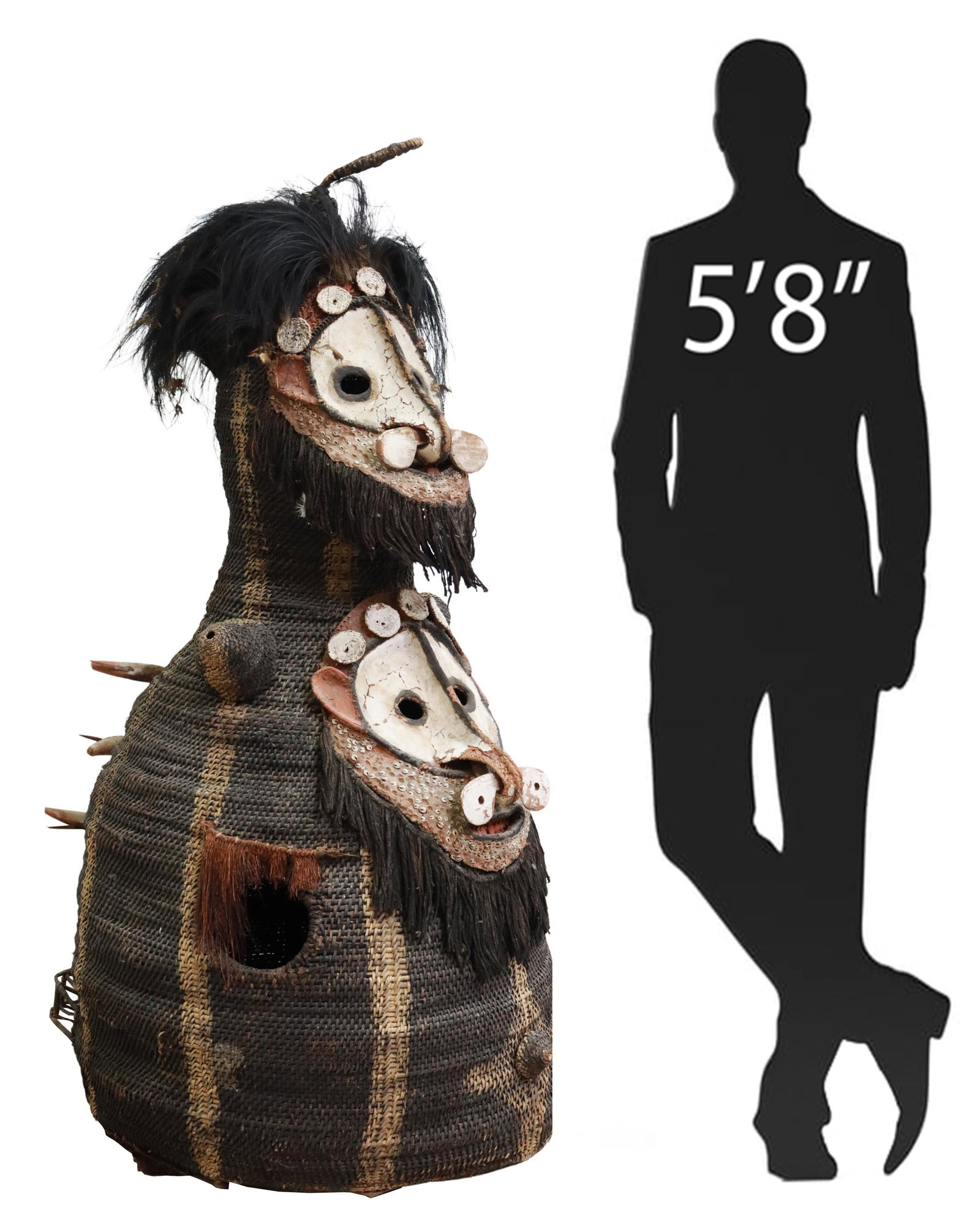 PAPUA NEW GUINEA WOVEN TUMBUAN DANCE MASK, 60"H: Large Oceanic basket-woven figural Tumbuan/ dance mask, Papua New Guinea, having dual clay faces with hooked noses, rolled top handle over feather headdress, striped hollow body, adorned with cowrie s