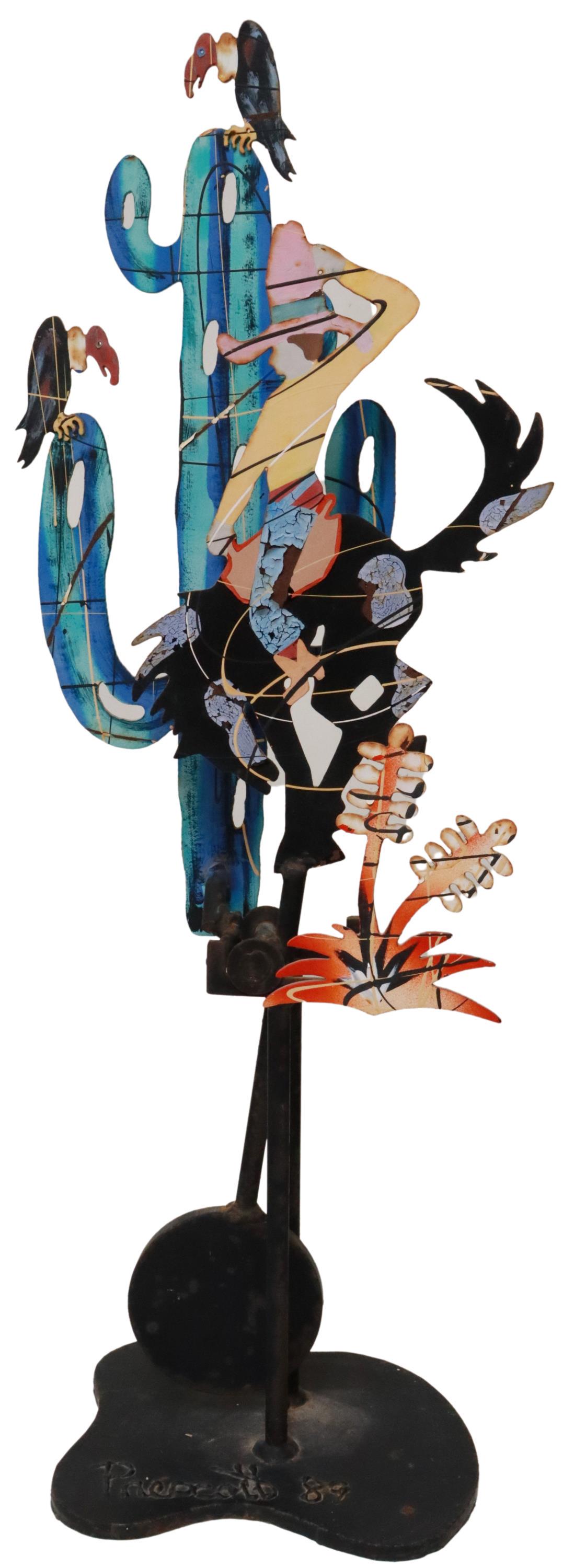 FREDRICK PRESCOTT (B1949) COWBOY KINETIC SCULPTURE: Painted iron kinetic sculpture, Bucking Bronco, signed at base Prescott (Frederick Prescott, American, b.1949), dated [19]89, some paint flaking, approx 32"h, 16lbs Start Price: $150.00