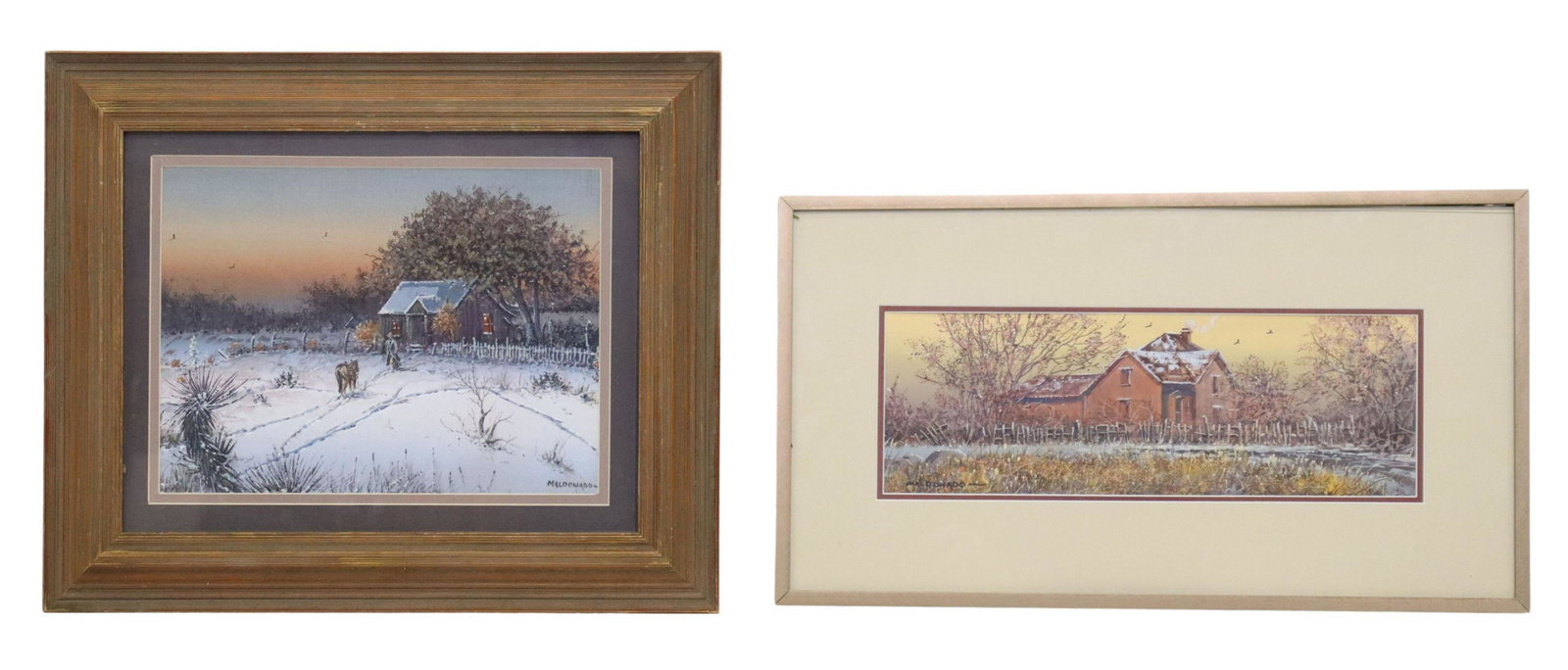 (2) DANIEL MALDONADO (D.2019) HOMESTEAD PAINTINGS: (lot of 2) Framed watercolor and gouache paintings on illustration board, signed Maldonado (Daniel Maldonado, Texas, 1940-2019), including: (1) Winter Homestead, signed lower right, sight: approx 8.5"