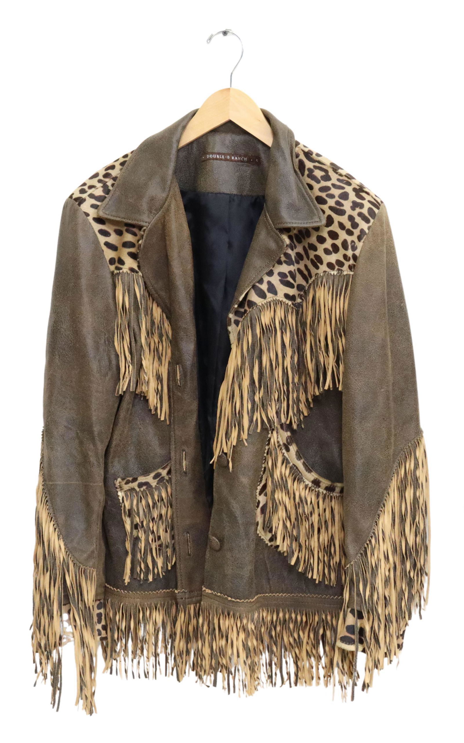 LADIES DOUBLE D RANCHWEAR FRINGED LEATHER COAT: Ladies leather coat by Double D Ranchwear, Yoakum, Texas, brown with greenish tint color accented with spotted leopard cowhide at upper back and front, pocket and sleeve trim having some loss at back,