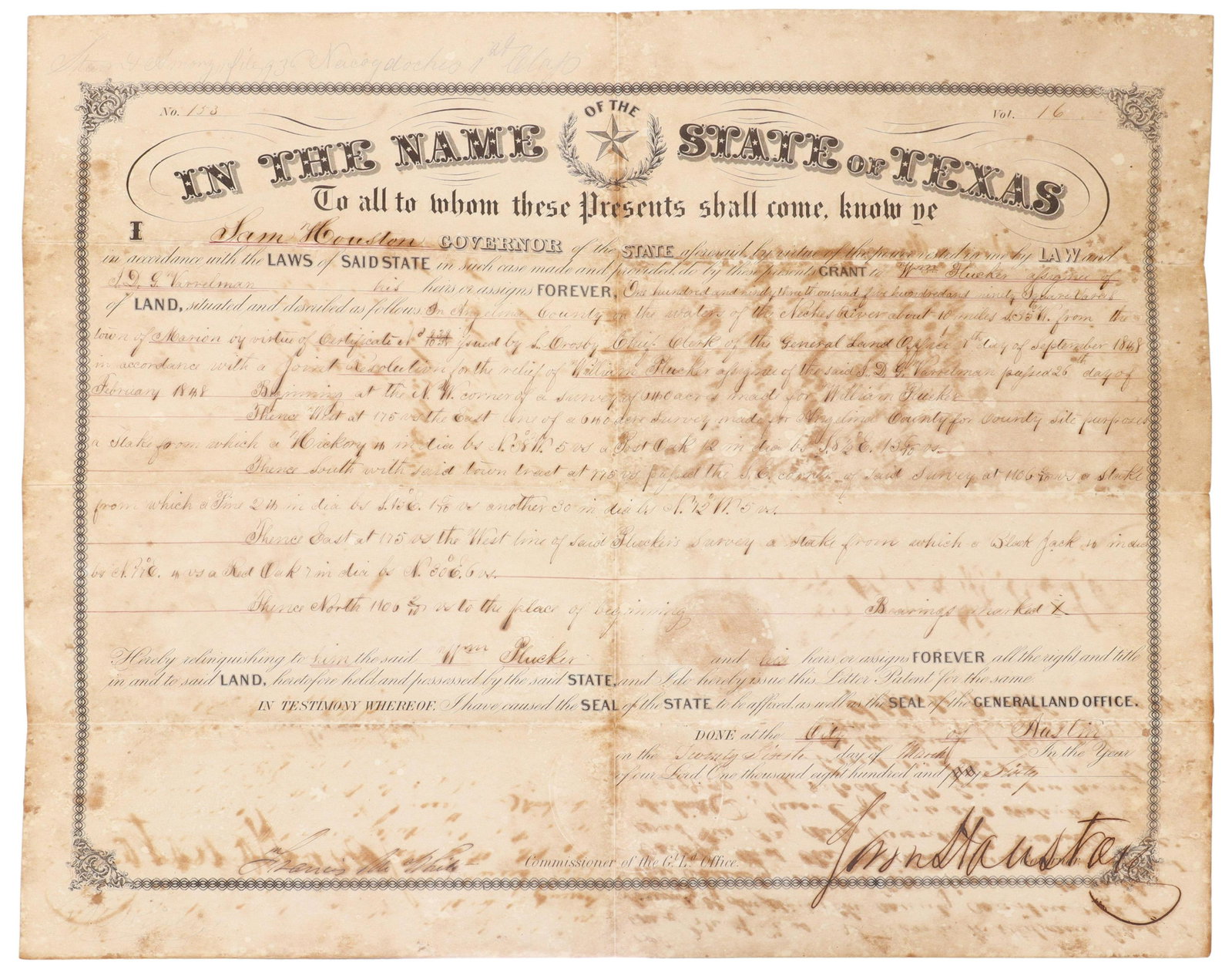 SAM HOUSTON, GOVERNOR SIGNED 1860 TEXAS LAND GRANT: Unframed State of Texas Land Grant signed at lower right by Sam Houston, Governor on the 26th of March, 1860, Houston signature is bold and large, the grant to William Plucker assignee of D.G. Varrelm