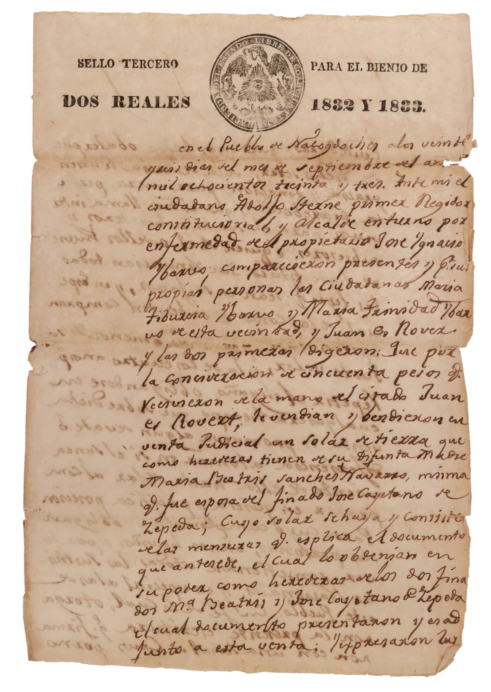 SPANISH-MEXICO LAND GRANT, 1838, NACOGDOCHES TEXAS: Spanish-Mexico land grant, recorded in Nacogdoches County, Texas, 1838, for property in that county, two signatures with 'X' marks, folds, tears and chips Start Price: $150.00