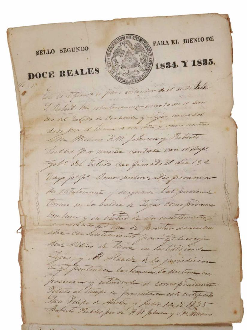 SPANISH-MEXICO LAND GRANT, SEVERAL TEXAS COUNTIES: Spanish-Mexico land grant with several documents date in 1835, 1839 and 1848, notarized by county clerk in several counties including Red River County, Hopkins County (by county name sake, Eldridge Ho