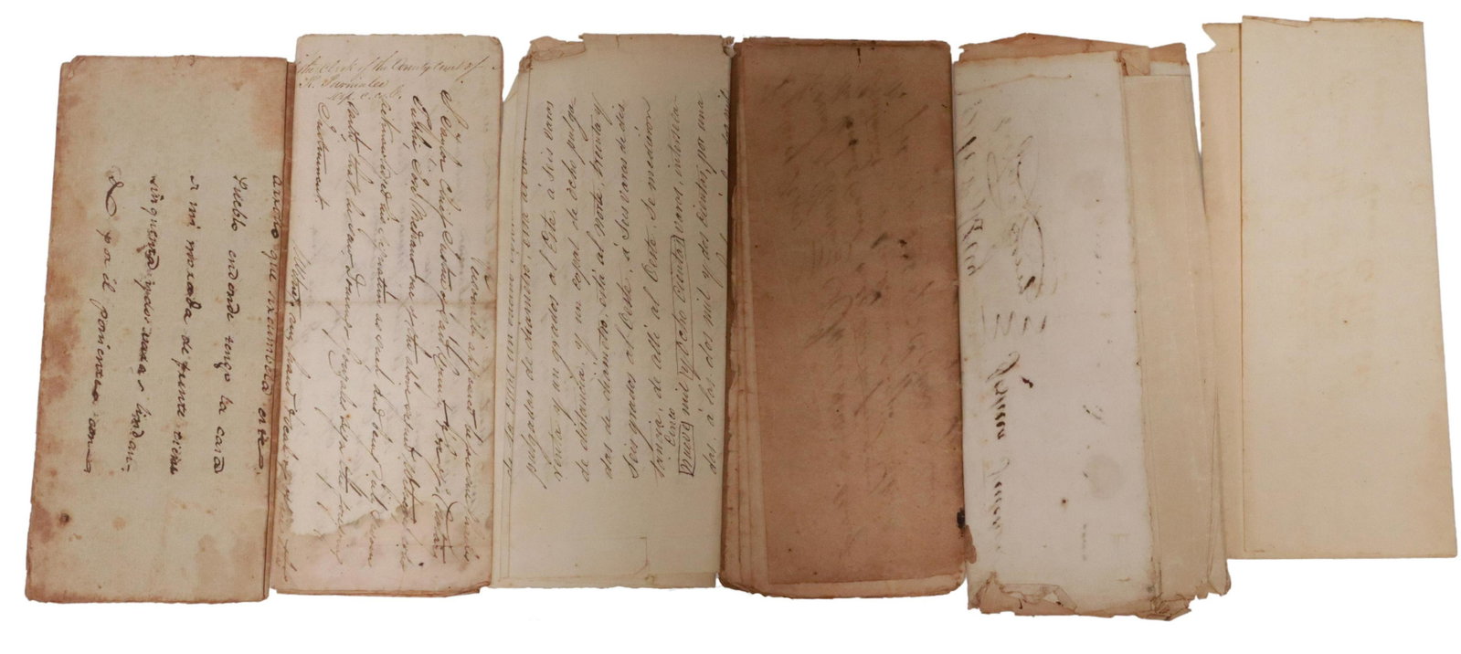 SPANISH-MEXICO PARTIAL, COMPLETE TEXAS LAND GRANTS: (lot) Spanish-Mexico complete and partial land grants, 1837, 1838, one including a map of the parcel and notarized in Houston and Nacogdoches counties, all with tears, chipping, holes Start Price: $10