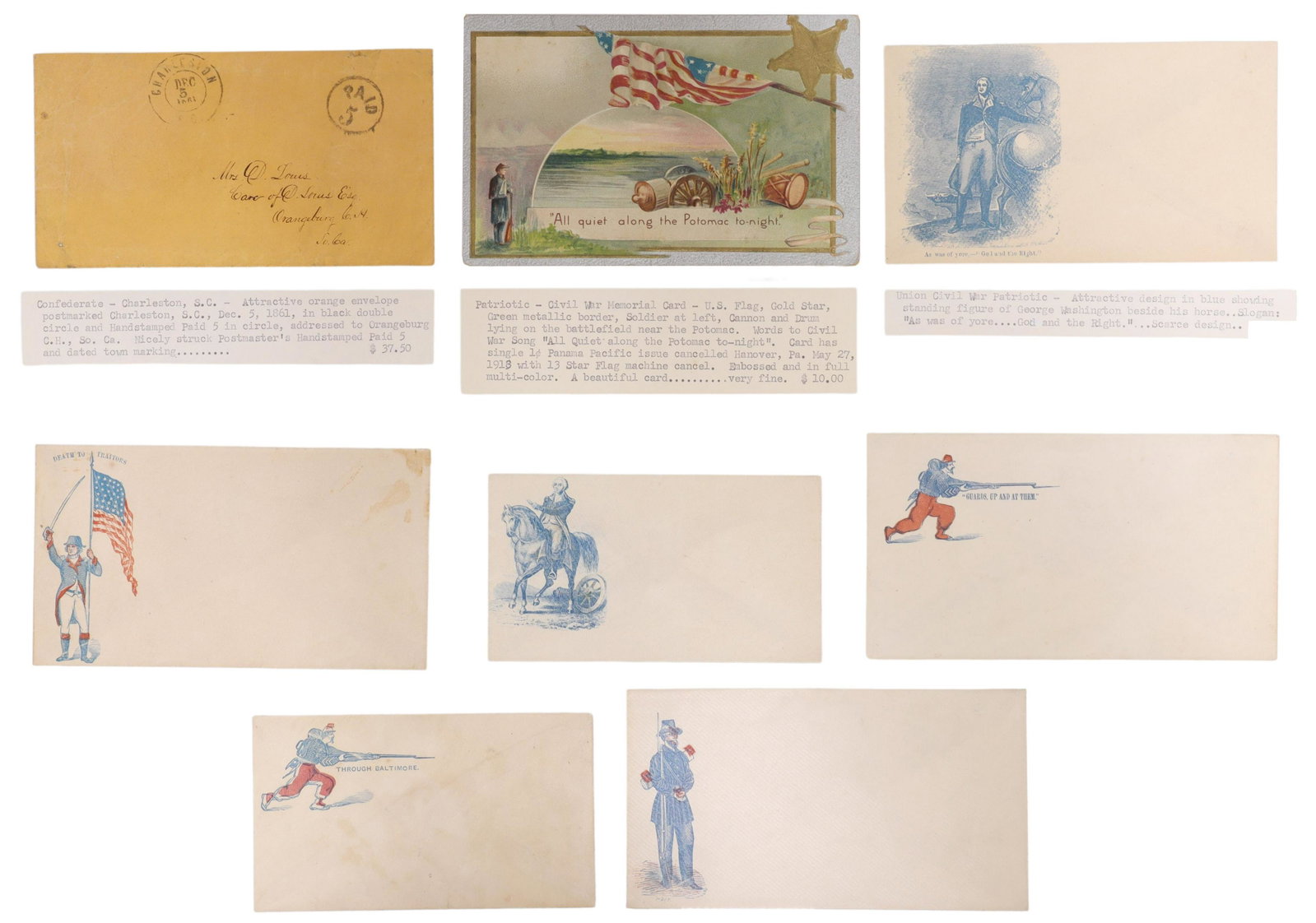 (8) CIVIL WAR PATRIOTIC COVERS, POST CARD: (lot of 8) Civil War patriotic envelopes, including: (1) George Washington, "As was of yore....'God and the Right"; (1) "Death to Traitors" a soldier with the U.S. flag in one hand, a sword held high 