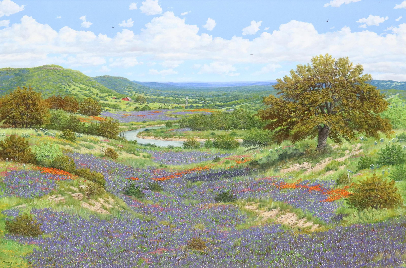 MANUEL GARZA (B.1940) TEXAS LANDSCAPE, 40" X 60": Framed oil on canvas painting, "On a Clear Spring Day," signed lower left Manuel Garza (Texas, b.1940), dated 2018, sight: approx 39.5"h, 59.5"w, overall: 47"h, 67"w Start Price: $4,000.00