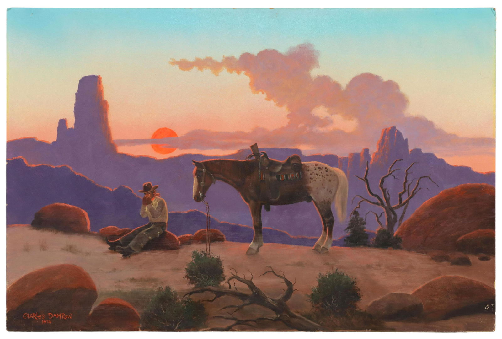 CHARLES DAMROW (D.1989) WESTERN PAINTING 24" X 36": Unframed oil on Masonite painting, Cowboy at Sunset, signed lower left Charles Damrow (American, 1916-1989), dated 1974, overall: approx 24"h, 36"w, 8lbs Start Price: $500.00