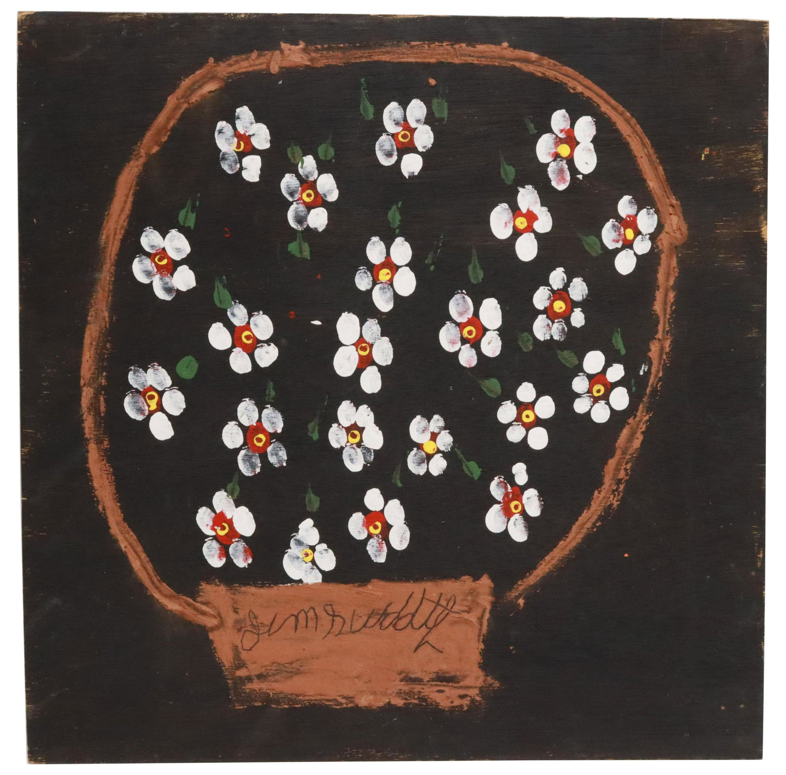 JIMMY LEE SUDDUTH (1910-2007) FOLK ART PAINTING: Unframed mixed media (house paint, mud) painting on wood panel, Basket of Dogwood Flowers, signed lower center Jim Sudduth (Jimmy Lee Sudduth, Alabama, 1910-2007), inscribed verso JLS12801, overall: a