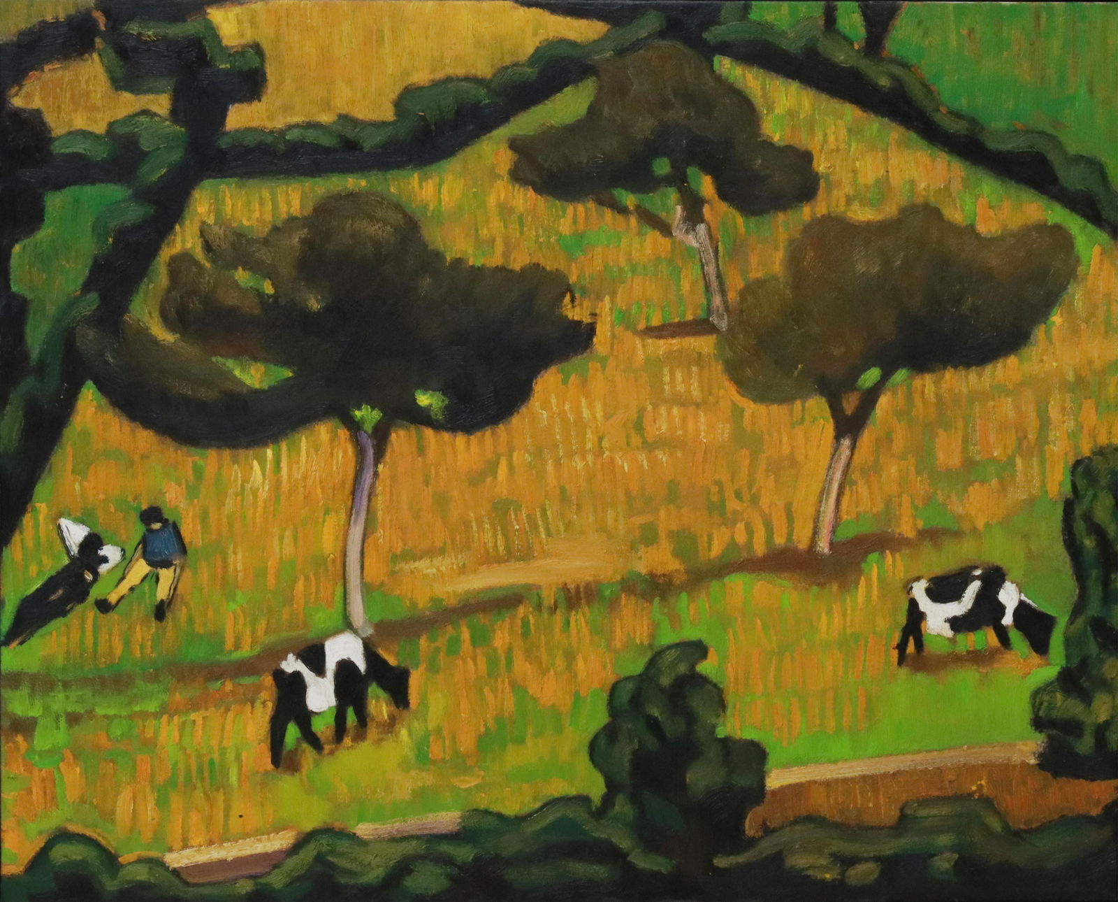 AFTER FRESNAYE FRAMED PAINTING 'COWS IN A MEADOW': Framed oil on canvas painting, "Cows in a Meadow," after the original by Roger de La Fresnaye (French, 1885-1925), unsigned, sight: approx 24"h, 29.75"w, overall: approx 29"h, 35"w, 14lbs Start Price: