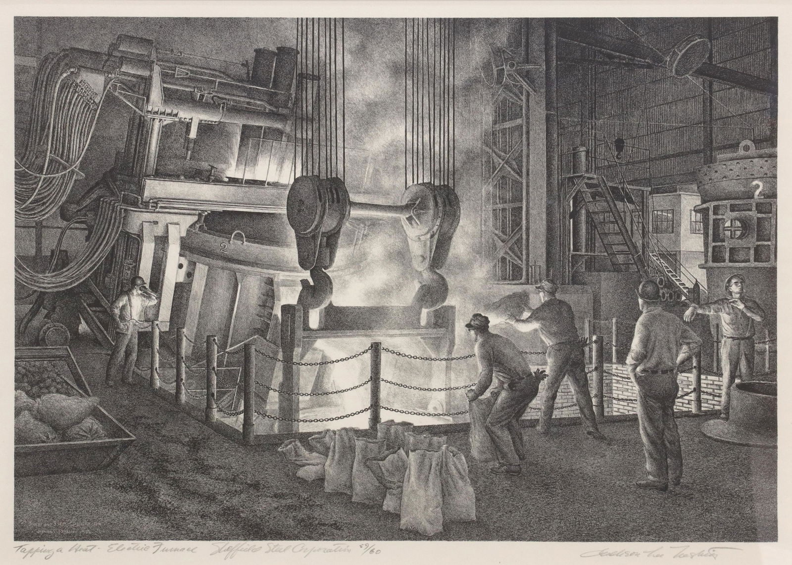 JACKSON LEE NESBITT (D2008) REGIONALIST LITHOGRAPH: Framed lithograph on paper, "Tapping a Heat-Electric Furnace, Sheffield Steel Corporation," signed lower right Jackson Lee Nesbitt (American, 1913-2008), numbered 59/ 60, dated 1953 in plate, sight: a