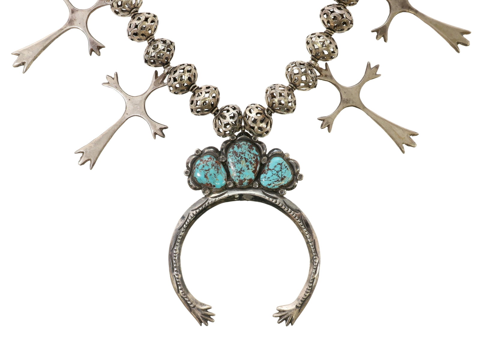 NATIVE AMERICAN TURQUOISE SQUASH BLOSSOM NECKLACE: Native American sterling silver squash blossom necklace, signed GB, likely George Begay or Garrison Boyd (Navajo/ Dine, 20th c.), ten cross "blossoms," central naja pendant set with three turquoise ca