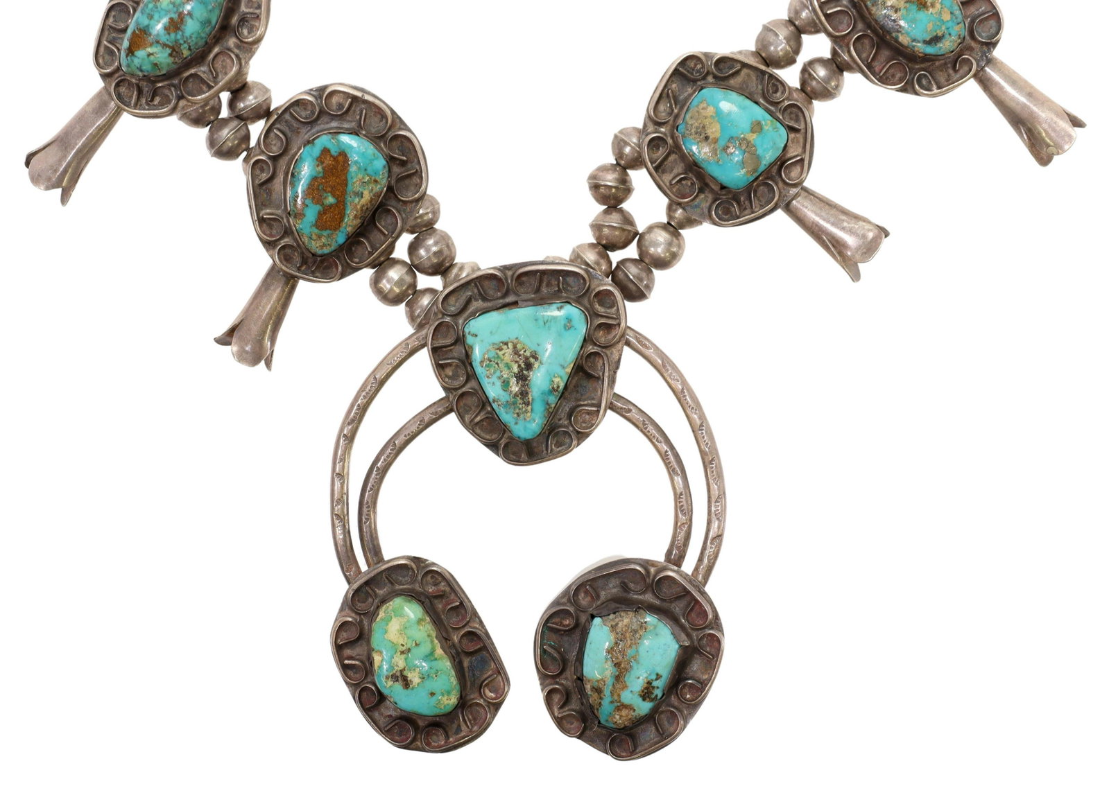 NAVAJO SILVER & TURQUOISE SQUASH BLOSSOM NECKLACE: Native American silver (content unknown) squash blossom necklace, likely Navajo/ Dine, ten blossoms, each set with a turquoise stone, central naja pendant, double bench bead strands, ending in a singl
