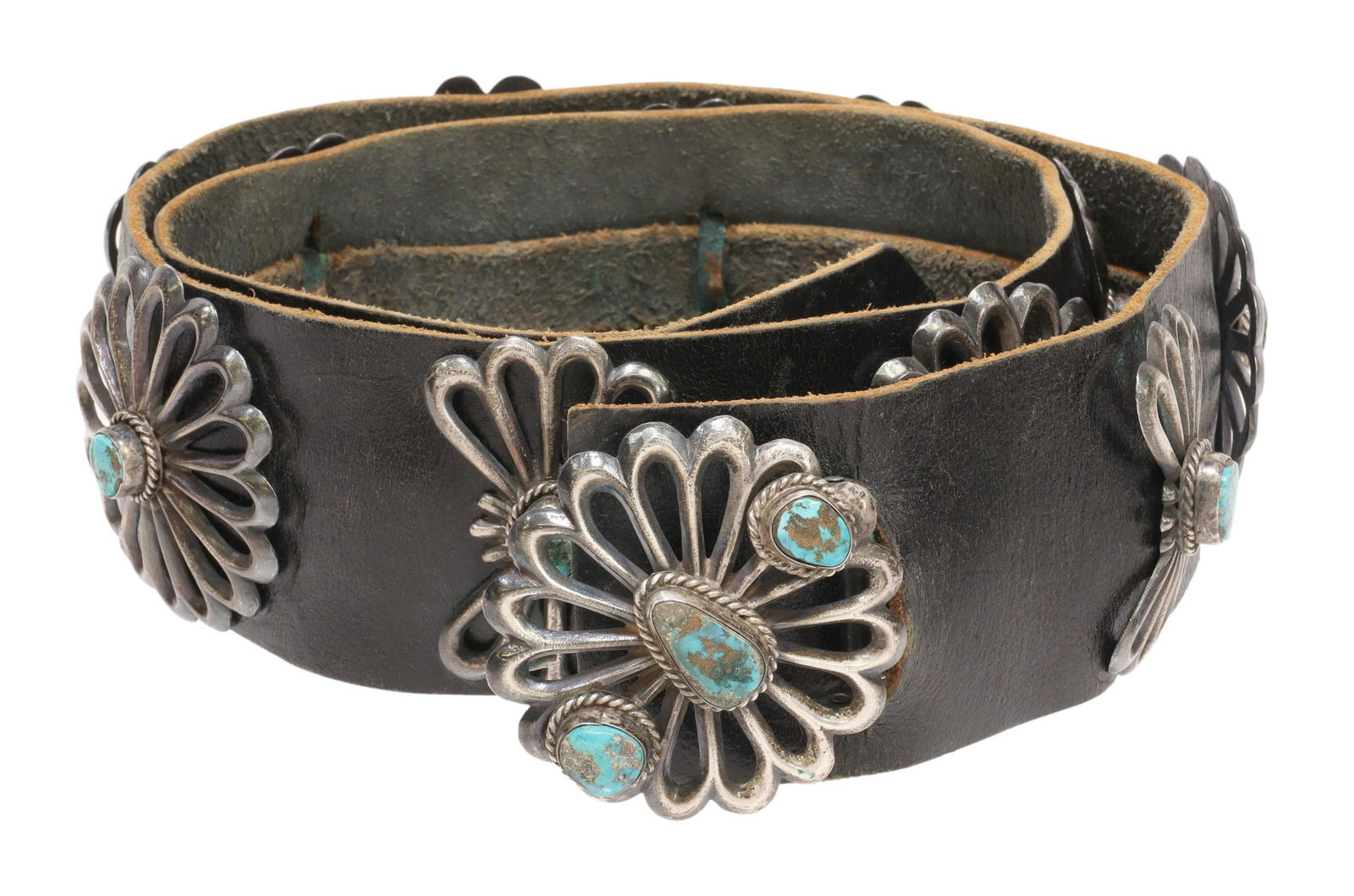 NATIVE AMERICAN SILVER & TURQUOISE CONCHO BELT: Native American tufa cast silver (content unknown) and turquoise concho belt, Navajo/ Dine, the openwork buckle featuring three bezel set stones, five conchos, spaced by six stylized bows, all with a