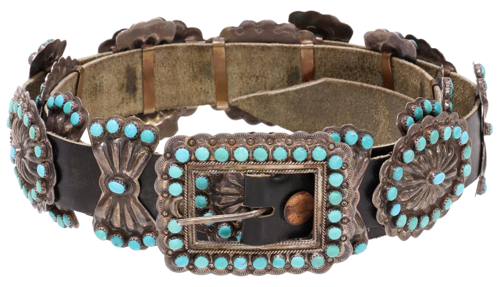 VICTOR MOSES BEGAY SILVER & TURQUOISE CONCHO BELT: Native American silver (content unknown) concho belt, signed V.M.B. (Victor Moses Begay, Navajo/ Dine, 20th c.), rectangular buckle, eight oval conchos (one lacking a stone) and eight bows, all with s