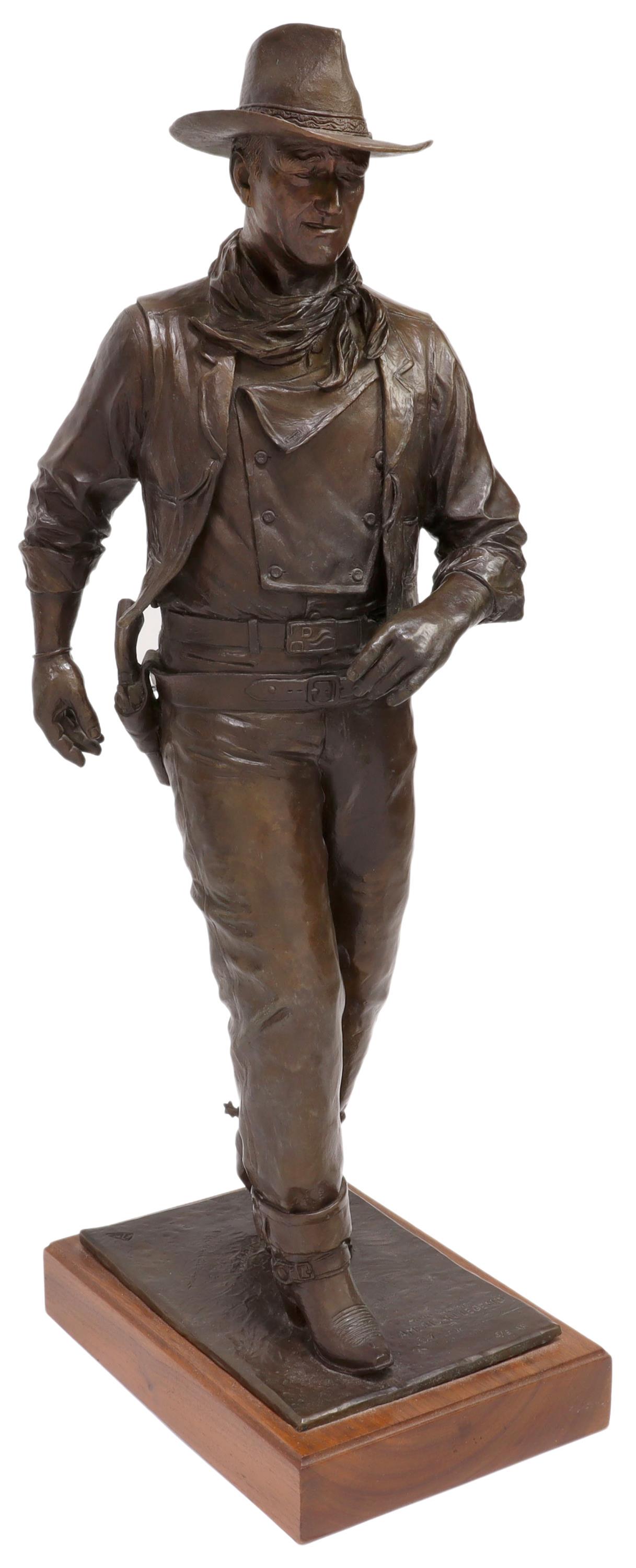 ROBERT SUMMERS (B.1940) BRONZE OF JOHN WAYNE: Bronze maquette sculpture, "John Wayne: American Legend," signed in the cast at base Robert Summers (Texas, b.1940), dated 1983, numbered 5 in an edition of 8 artist proofs, further inscribed in the c